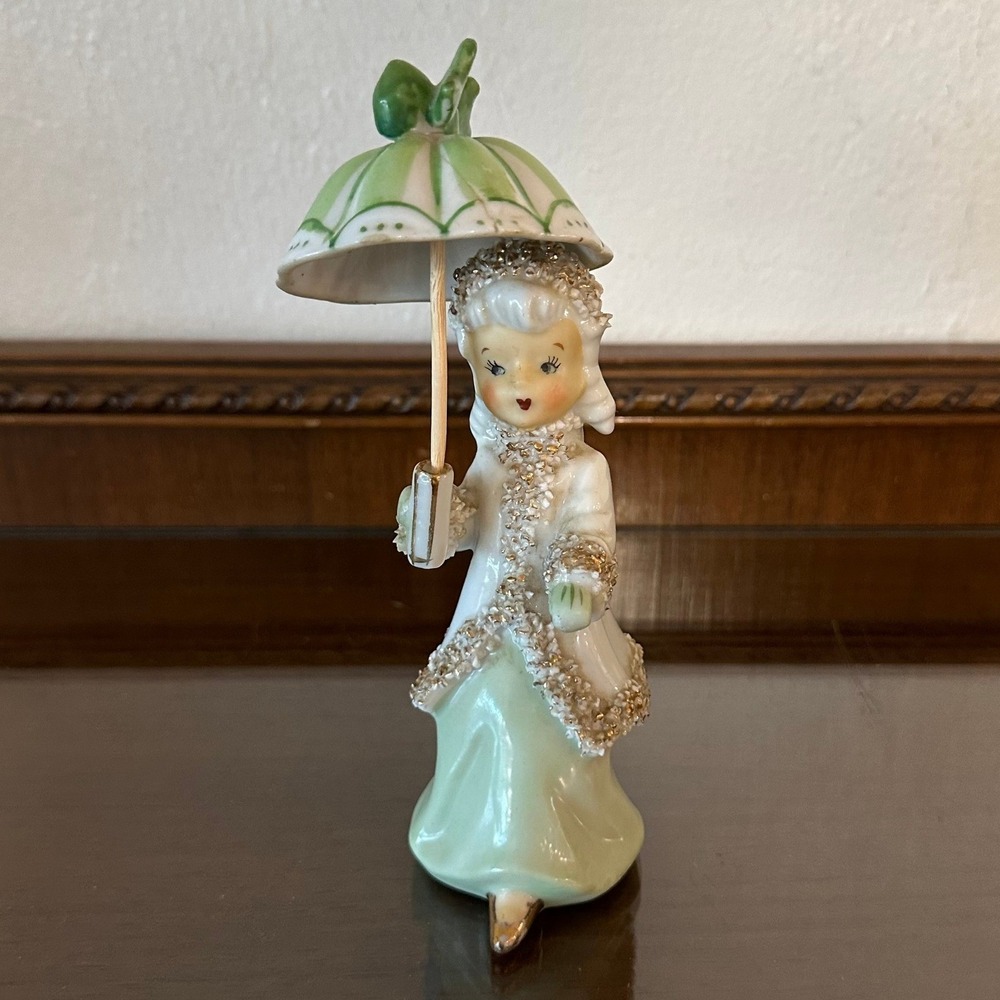 Vintage Spaghetti Trim Girl Figurine with Parasol Mint Green Gold Japan 6''